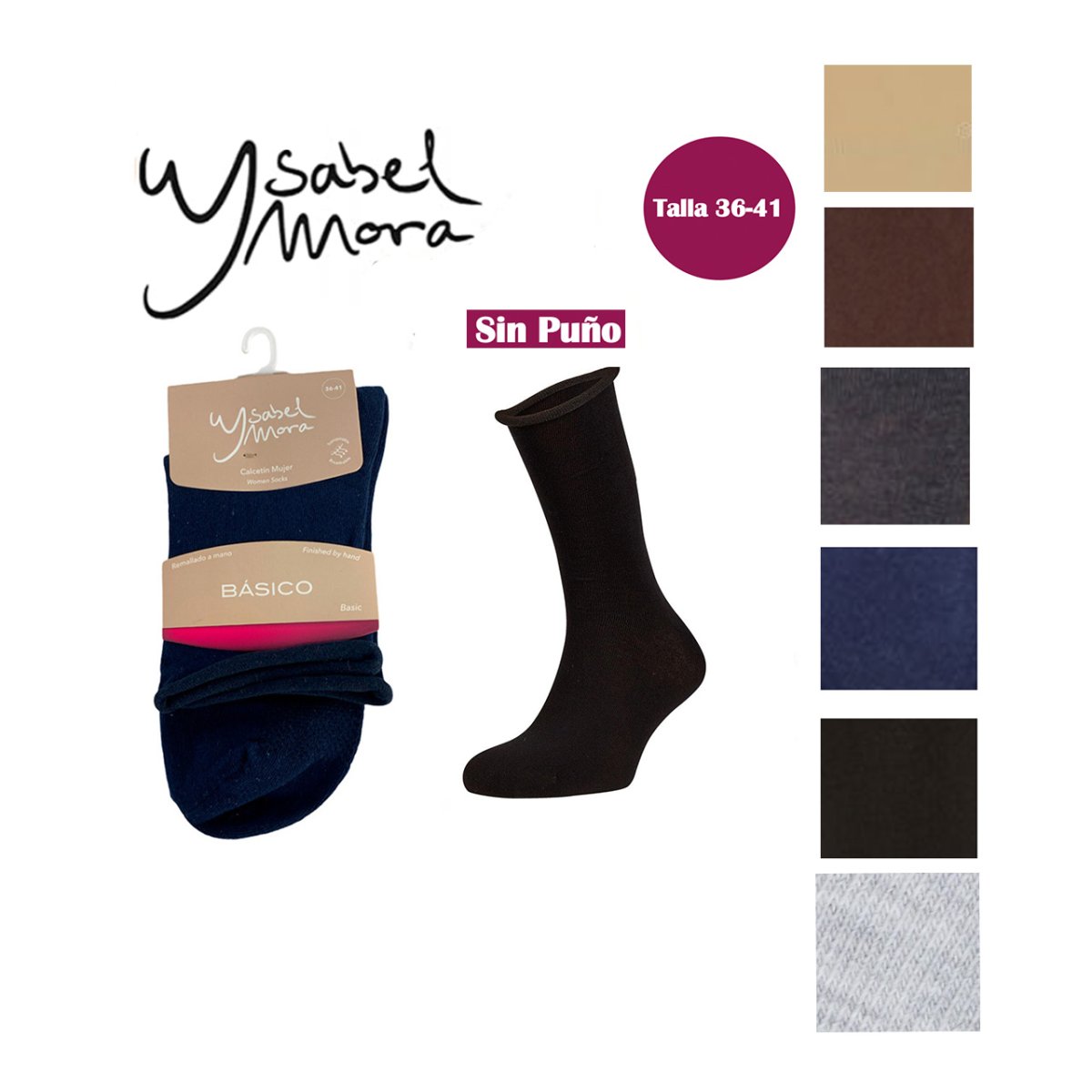 Calcetin Mujer Basic sin puño remallado a mano Ysabel Mora T/36-41 distintos colores